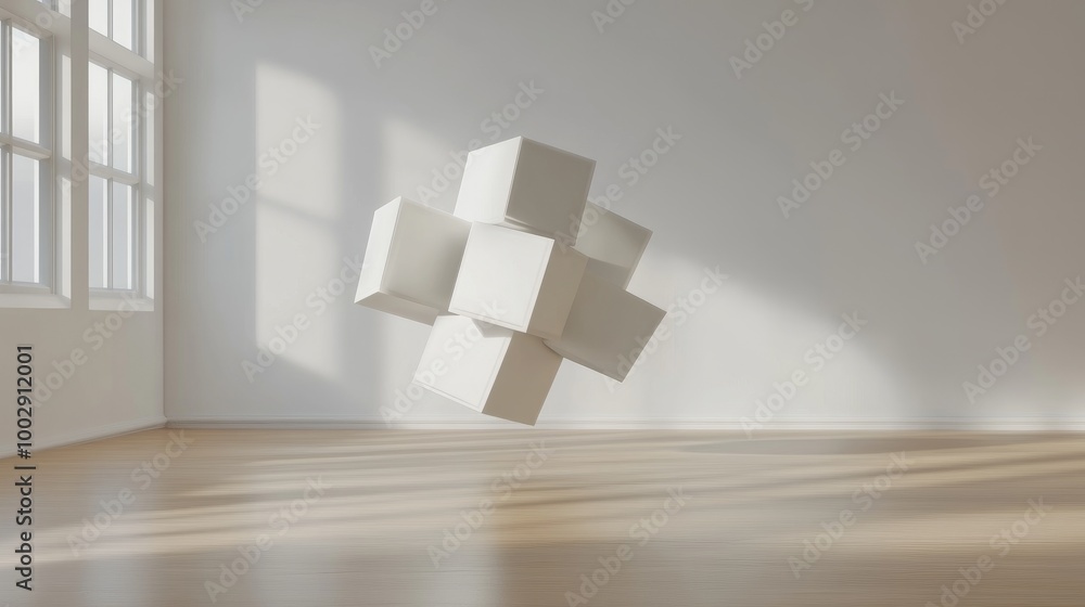 Poster abstract arrangement of floating cubes in varying shades and sizes creates a modern design on a neut