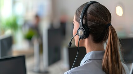 Female call center agent wearing a headset, focused on her work in a modern office environment.