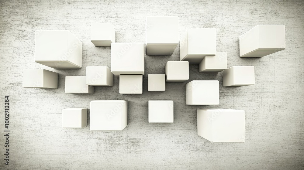 Poster abstract arrangement of floating cubes in varying shades and sizes creates a modern design on a neut