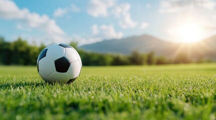 A soccer ball resting on vibrant green grass in an open field ready for a game.