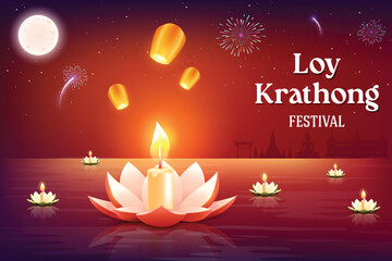Loy Krathong Thai Culture Festive Celebration On Red Background. Lotus Flower Floating On River Water With Lanterns And Fireworks On Sky