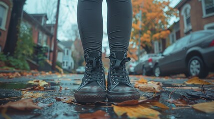 Close-up view of a person wearing black leather boots standing on a wet, leaf-covered street in an autumnal neighborhood, showcasing a unique perspective of urban life during fall