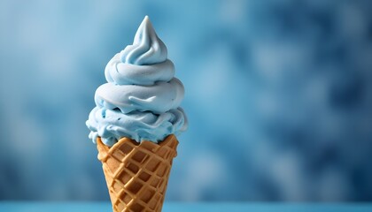 A soft serve ice cream in a waffle cone against a blurred blue background