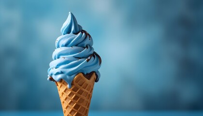 A soft serve ice cream in a waffle cone against a blurred blue background