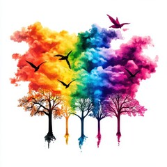 Colorful trees with birds in a vibrant cloud background, isolated on white.
