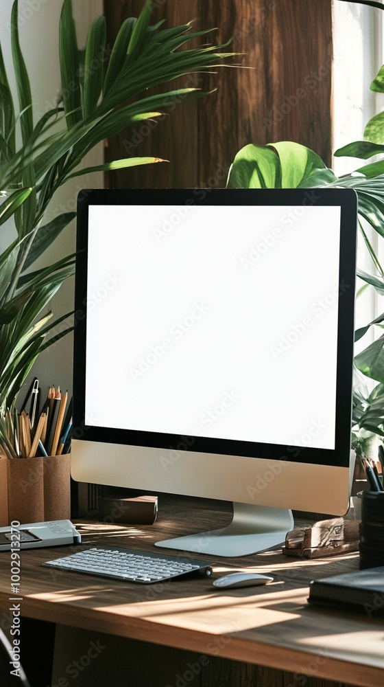 Poster modern workspace with sleek computer monitor surrounded by lush green plants, creating a harmonious 