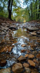 Fototapeta premium An idyllic close-up photograph of a shallow stream in a forest, surrounded by autumn leaves and trees, demonstrates the serene beauty of nature