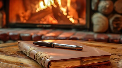 A wooden table with a pen and notebook next to a warm fireplace