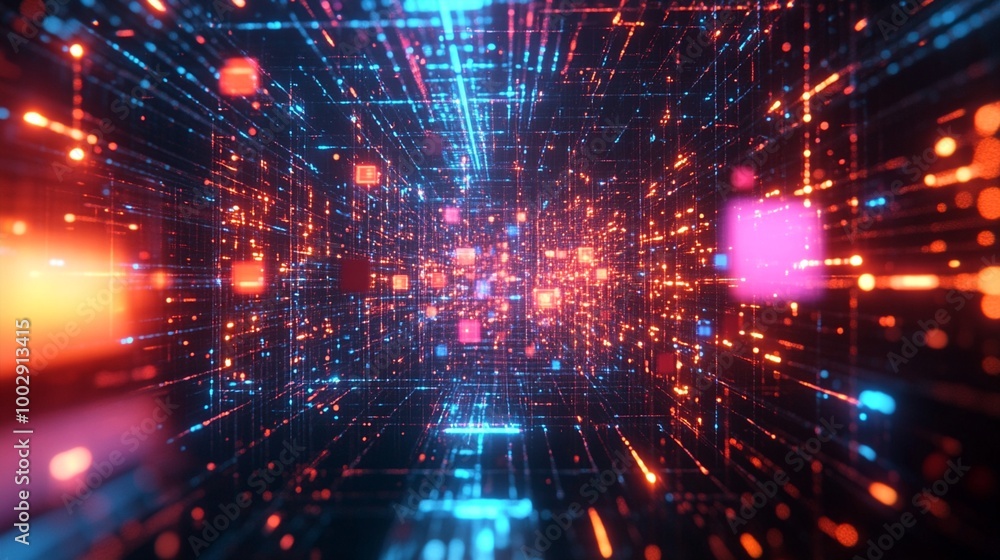 Poster futuristic digital matrix of glowing particles and light beams in vibrant colors, creating an illusi
