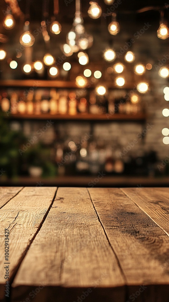 Aufkleber rustic wooden table in foreground with blurred bar background illuminated by warm, glowing string li