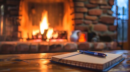 A wooden table with a pen and notebook next to a warm fireplace