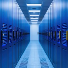 Fototapeta premium Data center hallway with blue lockers and modern lighting.