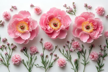 A close up of three pink flowers with a white background
