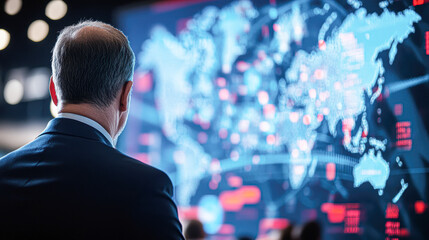 Visionary Leader Presenting Future World Concept to Engaged Audience on Large Screen