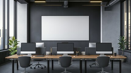 Contemporary coworking office room with computers, furniture and blank poster on wall. Workplace and lifestyle concept. 3D Rendering