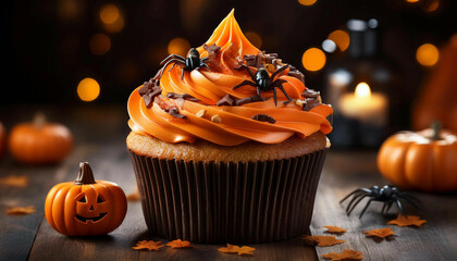 A Halloween-themed cupcake decorated with orange swirled frosting, black bat and spider-shaped toppings, and candy sprinkles. Small pumpkins and a candle are out of focus in the background.