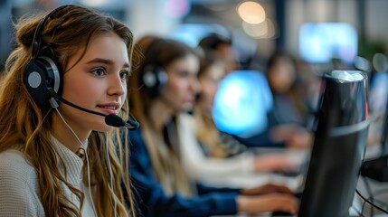 young woman in headset working at a call center, engaged in customer service and communication tasks.