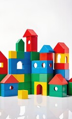 Toy block houses set against a white backdrop. Generated by AI.