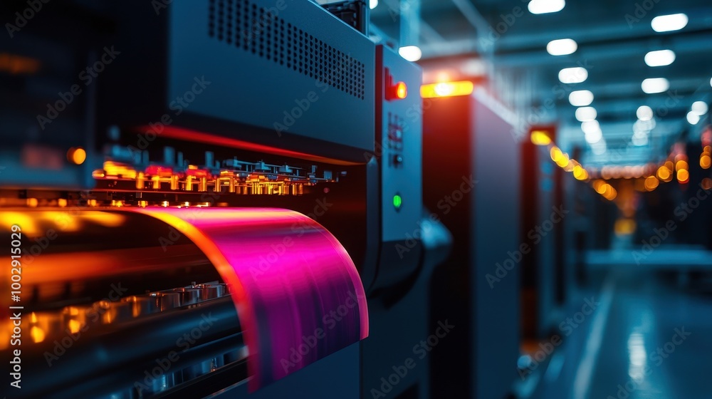 Poster High-tech printing machine in a modern setup, vibrant colors and illuminated controls.