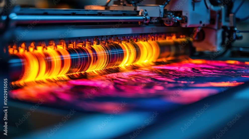 Poster high-tech printing process with vibrant colors and luminous machines.