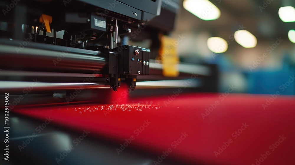 Poster high-tech printing machine in action, creating designs on a red surface.