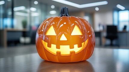 A festive Halloween-themed ceramic pumpkin lantern with a glowing jack-o'-lantern face displayed on a wooden table in a modern office setting