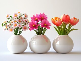 Collection of 3 beautiful flowers in isolated ceramic jars on a white background. 3D rendering.