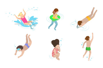 3D Isometric Flat  Set of Children Snorkeling, Kids Swimming Lessons