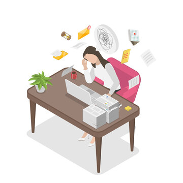 3D Isometric Flat  Illustration of Frustrated Overworked Woman, Stress Due to Burning Deadlines