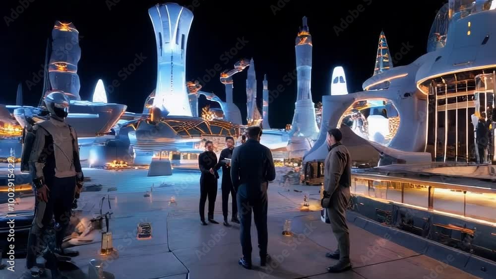 Poster a futuristic city with sleek buildings and glowing lights, four people standing in a space-like envi