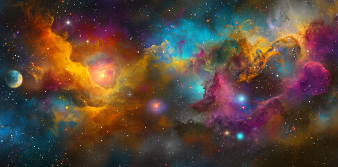 An amazing nebula cloud with stars and galaxies in deep space, a fantastical scene with vibrant colors.