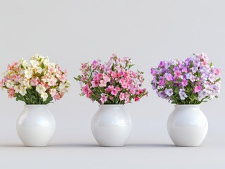 Collection of 3 beautiful flowers in isolated ceramic jars on a white background. 3D rendering.