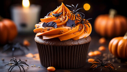 A Halloween cupcake with orange frosting topped with black fondant bats, spider decorations, sprinkles. Surrounding the chocolate cupcake are spiders, candies, and blurred pumpkins in the background