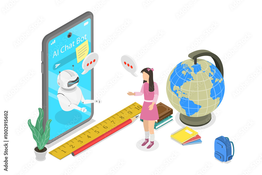 Poster 3d isometric flat illustration of ai chat bot, online communication with artificial intelligence