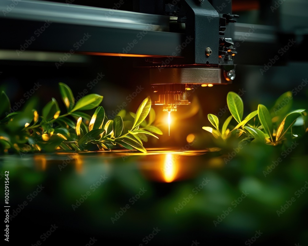 Poster laser cutting machine working on green leaves in a modern workshop