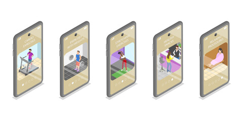 3D Isometric Flat  Illustration of Workout Mobile App , Sports Activity Tracker