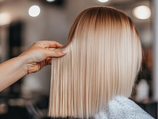 Fototapeta premium A close-up of a stylist showcasing a sleek blonde bob haircut in a modern salon environment.