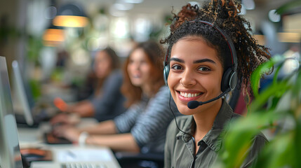 Smiling customer support agent in a modern office environment with headset, providing assistance and excellent service to clients.