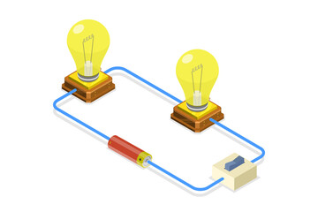 3D Isometric Flat  Illustration of Simple Electric Circuit, Accumulator Battery and Light Bulb