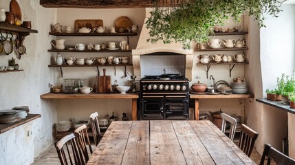 A charming country kitchen with a rustic wooden table at its center