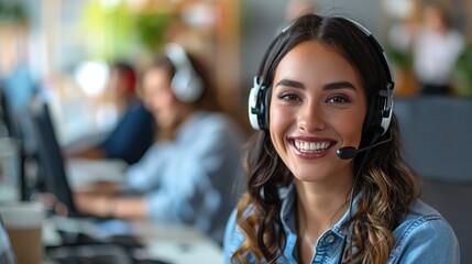 Smiling woman in headset providing customer support in a modern office setting, showcasing professionalism and friendliness.