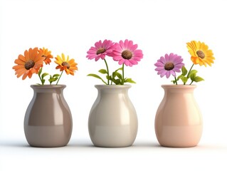 Collection of 3 beautiful flowers in isolated ceramic jars on a white background. 3D rendering.
