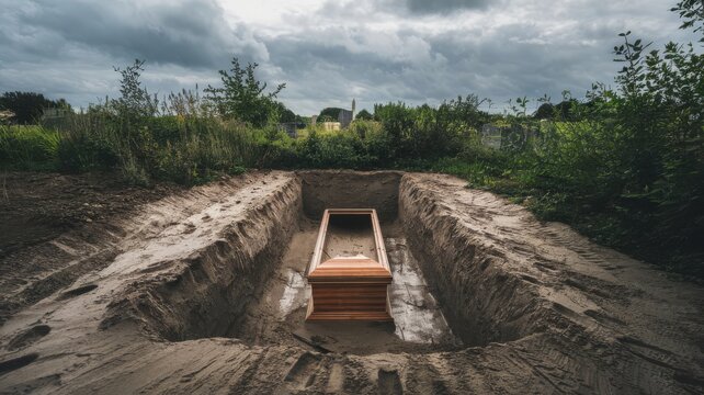 an empty dug grave in a cemetery, partially filled with dirt. A wooden coffin rests at the bottom, set against a cloudy sky