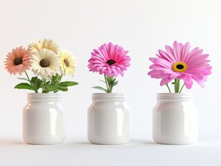 Collection of 3 beautiful flowers in isolated ceramic jars on a white background. 3D rendering.