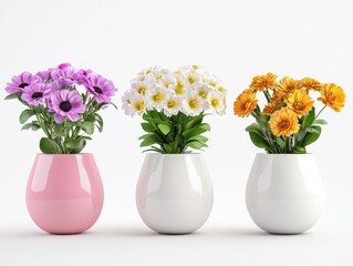 Collection of 3 beautiful flowers in isolated ceramic jars on a white background. 3D rendering.