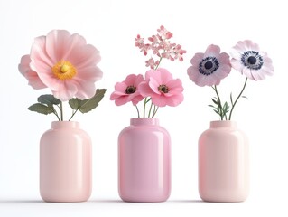 Collection of 3 beautiful flowers in isolated ceramic jars on a white background. 3D rendering.