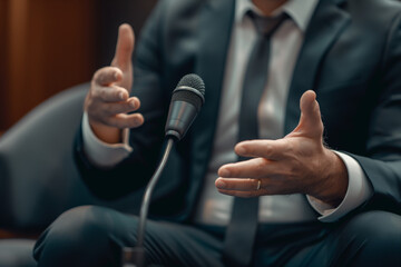 Male politician gives interview for media and television news, answers journalists questions.