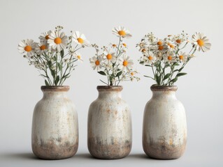 Collection of 3 beautiful flowers in isolated ceramic jars on a white background. 3D rendering.