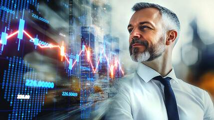 Fototapeta premium Successful, confident businessman looks positive at market growths lines, financial reports, financial predictions. Business concept 