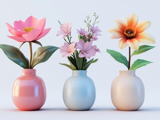 Collection of 3 beautiful flowers in isolated ceramic jars on a white background. 3D rendering.